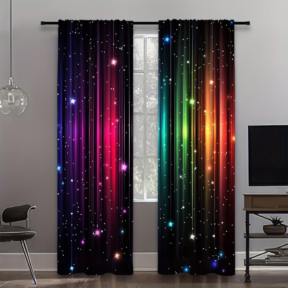 2pcs Magic Rainbow Galaxy Curtains Polyester Light Filtering Drapes for Kids Bedroom Playroom Shining Star Pattern Home Decor