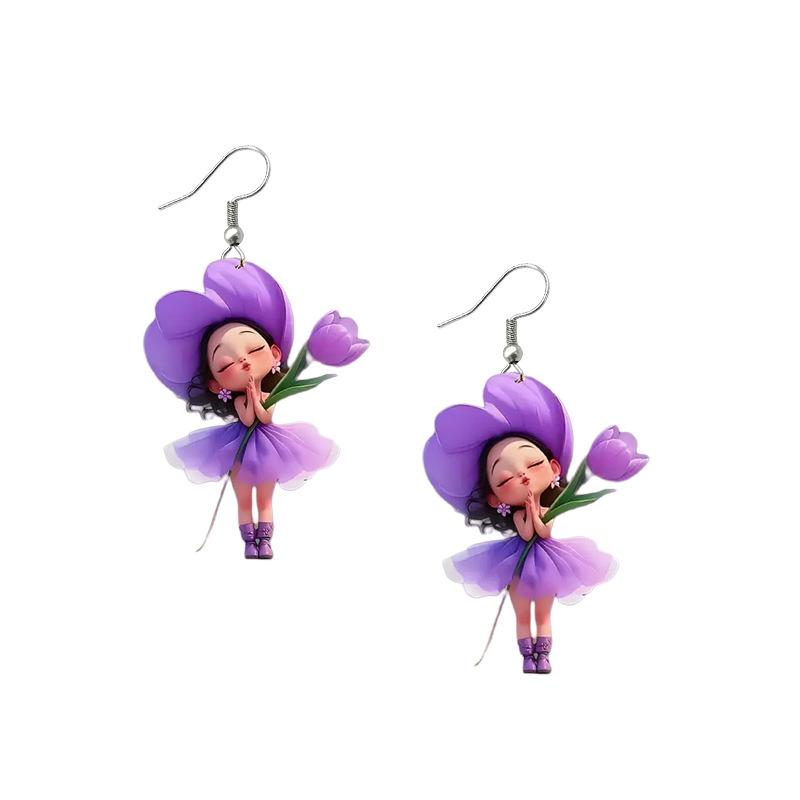 Purple Flower Fairy 2D Acrylic Earrings Cute Beautiful Flower Fairy Spring Summer Earrings