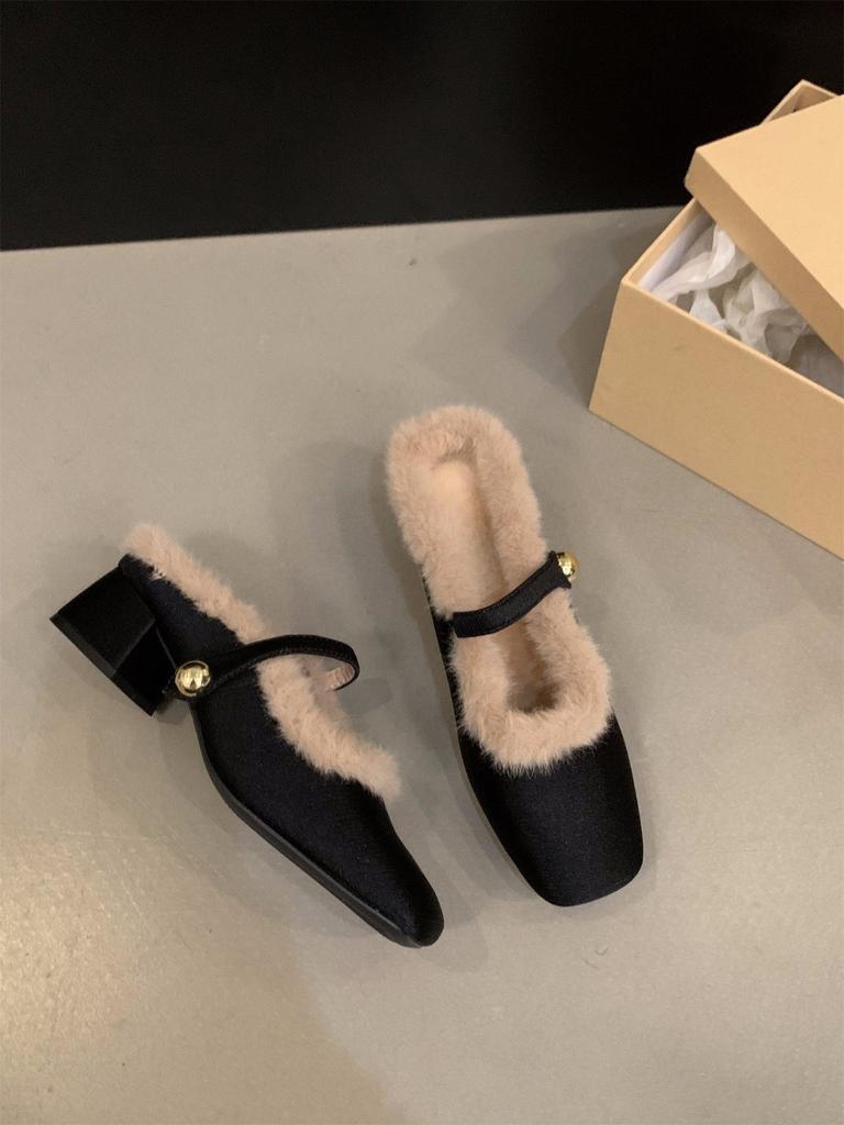 Thick Heel French Small Fragrant Wind Fluffy Slippers Women's Shoes 2025 New Autumn and Winter Bag Head Half Slippers Velvet Cotton Shoes