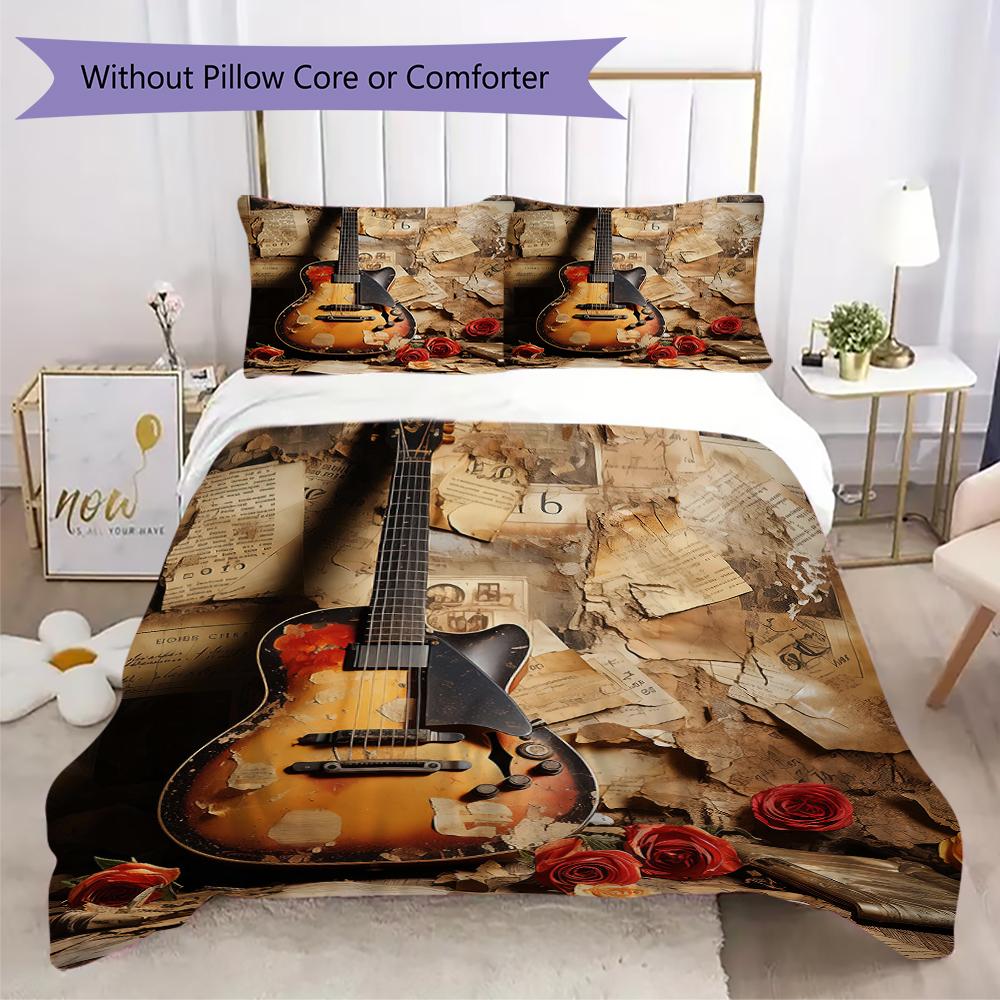 1PC Electric guitar Theme Bedding Quilt Set Quilt Cover Pillowcase Home Decoration Birthday Gift (1 * duvet cover + 2 * pillowcase, without core)A3