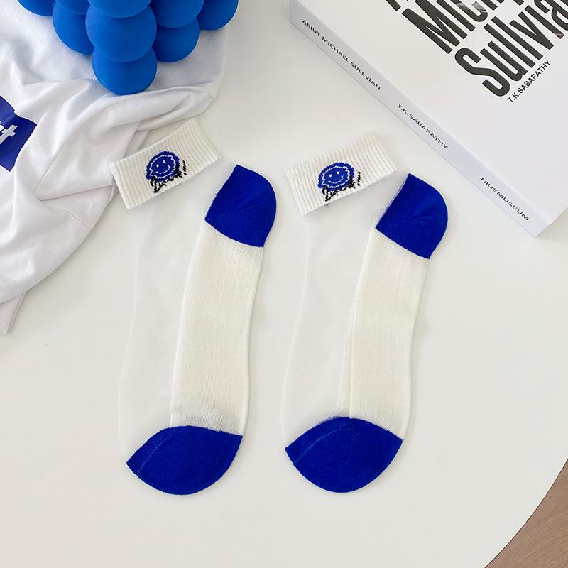 Women's Spring and Summer Light and Trendy Invisible Short Socks Blue Cartoon Smiling Face Glass Sole Boat Socks