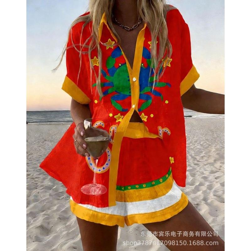 Conjunto de pantalones cortos de playa y camisa de manga corta para mujer, multicolor, vida marina, ocio, vacaciones, conjunto de dos piezas