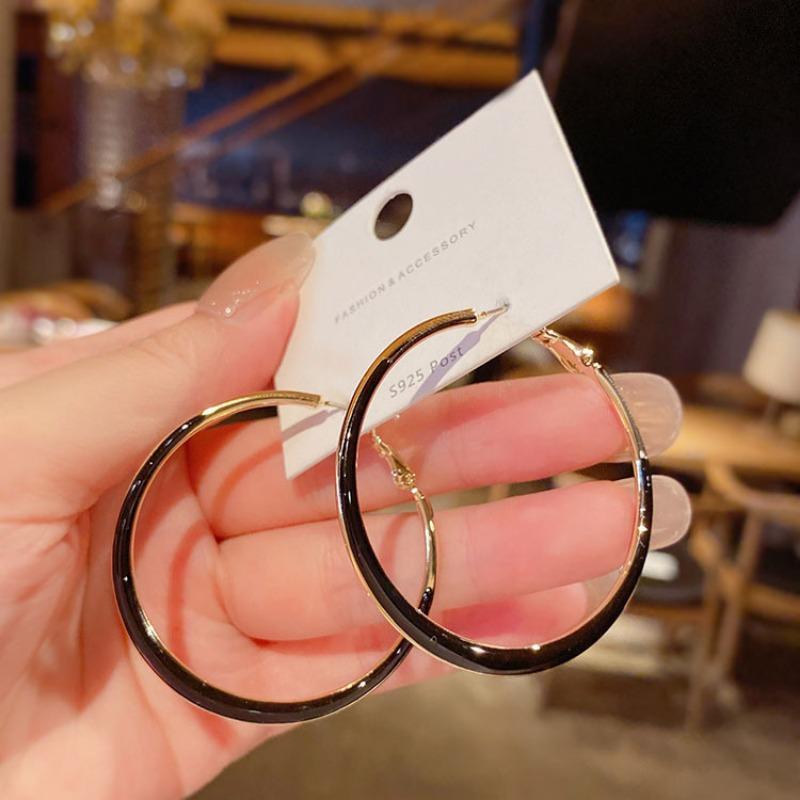 New Arrival Simple Fashion Black White Enamel Cicle Big Hoop Earrings For Women Statement Jewelry Pendientes