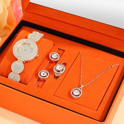 5Pcs Personalized Luxury Women's Gold Quartz Watch with Diamonds Geometric Round Girl Pendant Necklace Earrings Ring Jewelry Set