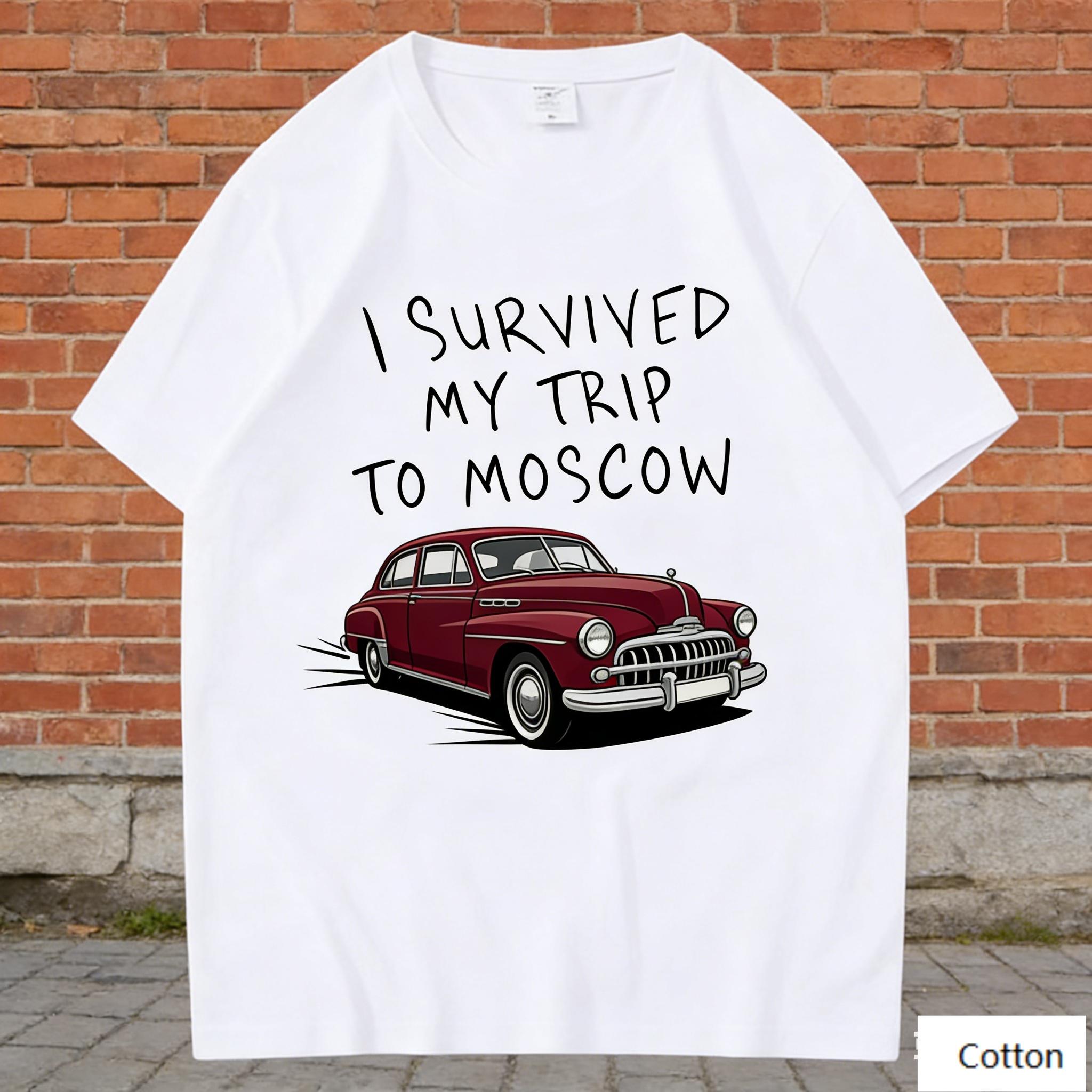 

Russian Retro Street Style Unisex Cotton TShirt with Moscow Car Humorous Slogan Print SkinFriendly Cotton Material M