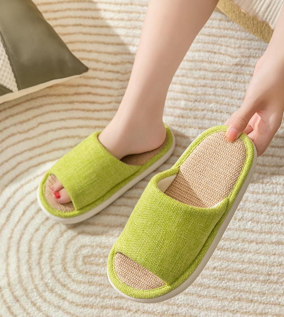 comfortable slippers for indoor unisex [Euyqs] Japanese-style design, linen, breathable, sweat-absorbent, non-slip thick-soled use, (green, 23.0 cm)