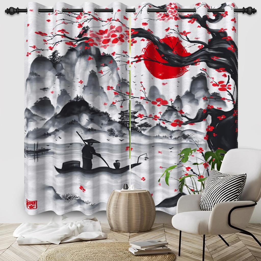 2pcs/Set Cherry Blossom Window Curtain Japanese Scenery Mount Fuji Sun Bedroom Living Room Polyester Blackout Soundproof Curtain