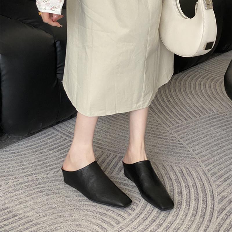 Fashion Elegant Soft Leather Mules Slippers Women Square Toe Inner Height Wedge Slide Sandals Summer Cozy Beach Designer Shoes for Women