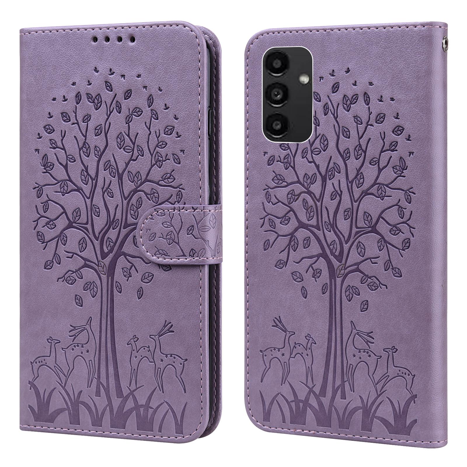 

Wallet Phone Case for Samsung Galaxy A14 5G/A14 4G,PU Leather Deer Tree Pattern Stand Flip Cover Purple