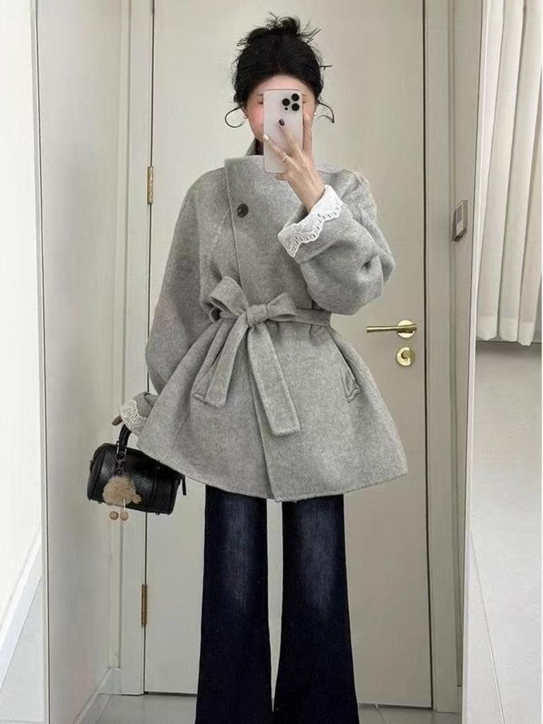 Winter 2025 Petite Deep Grey Wool Coat - Women's Thickened, Stylish Outerwear