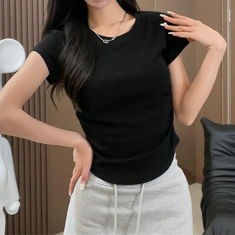 Fashion Round Neck Short Sleeve Casual T-shirt for Women Summer New Solid Slim Fit Elegant Loose Women's T Shirts Simple Pleated Crop Tee Tops 26366
