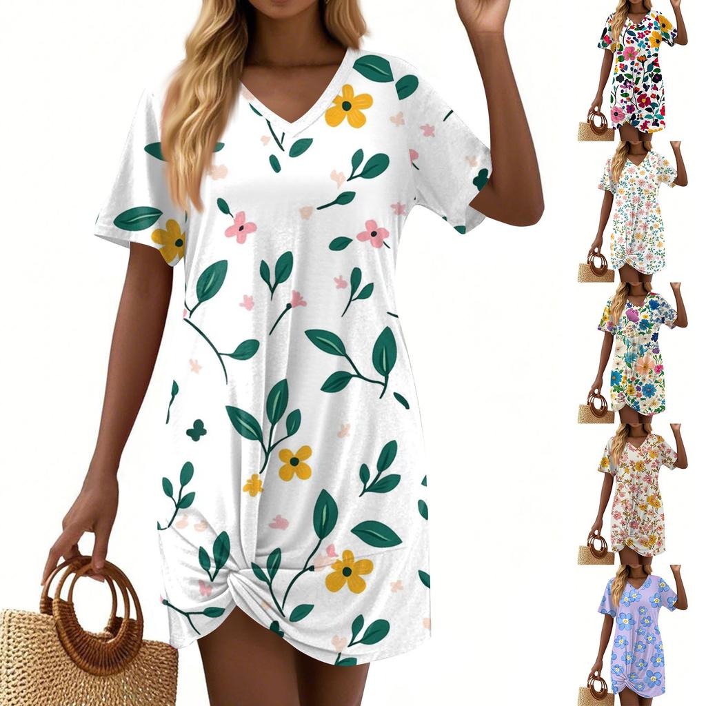 Women's Summer Casual Floral Printed Hem Knotted Short Sleeve Dresses