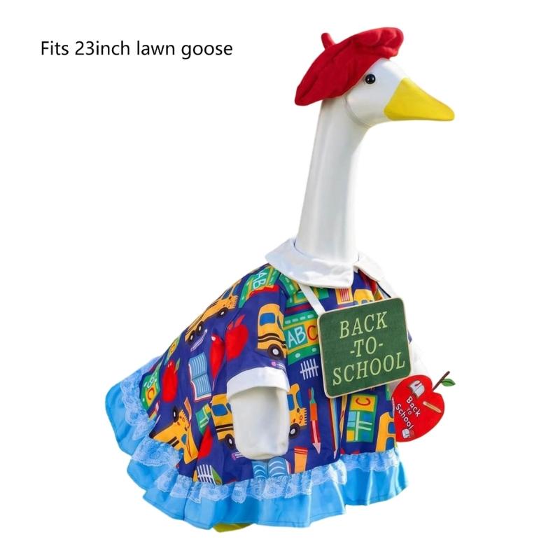 Porch Display Clothes for School Season, Polyester Dress Outfit with Red Cap, Sign and Fruit Charm for Garden Entry Placement, Figure Not Included