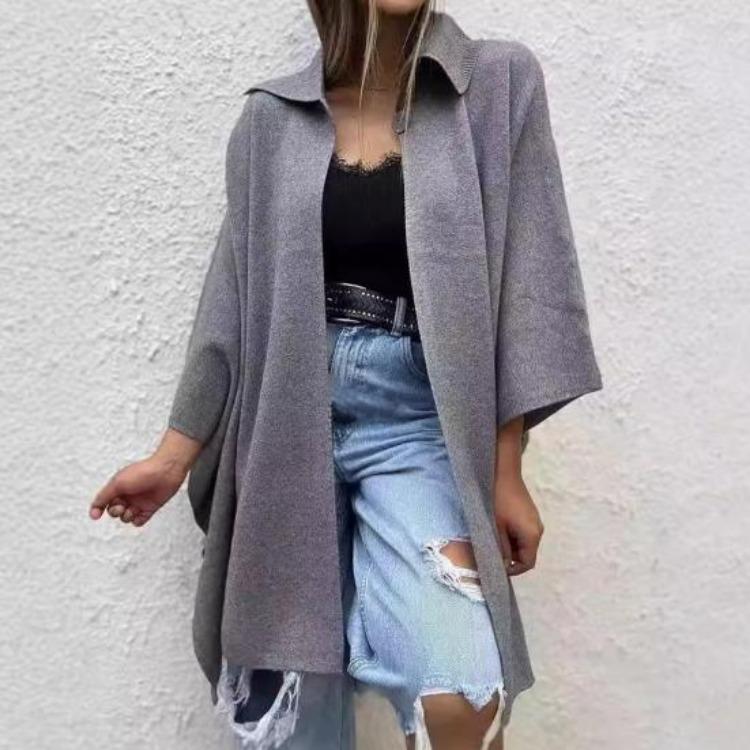 Women Cape Jacket Cardigan Fall Spring Coat Dolman Sleeve Turn Down Collar Loose Open Stitch Irregular Hem Solid Color Dating Commuting Poncho