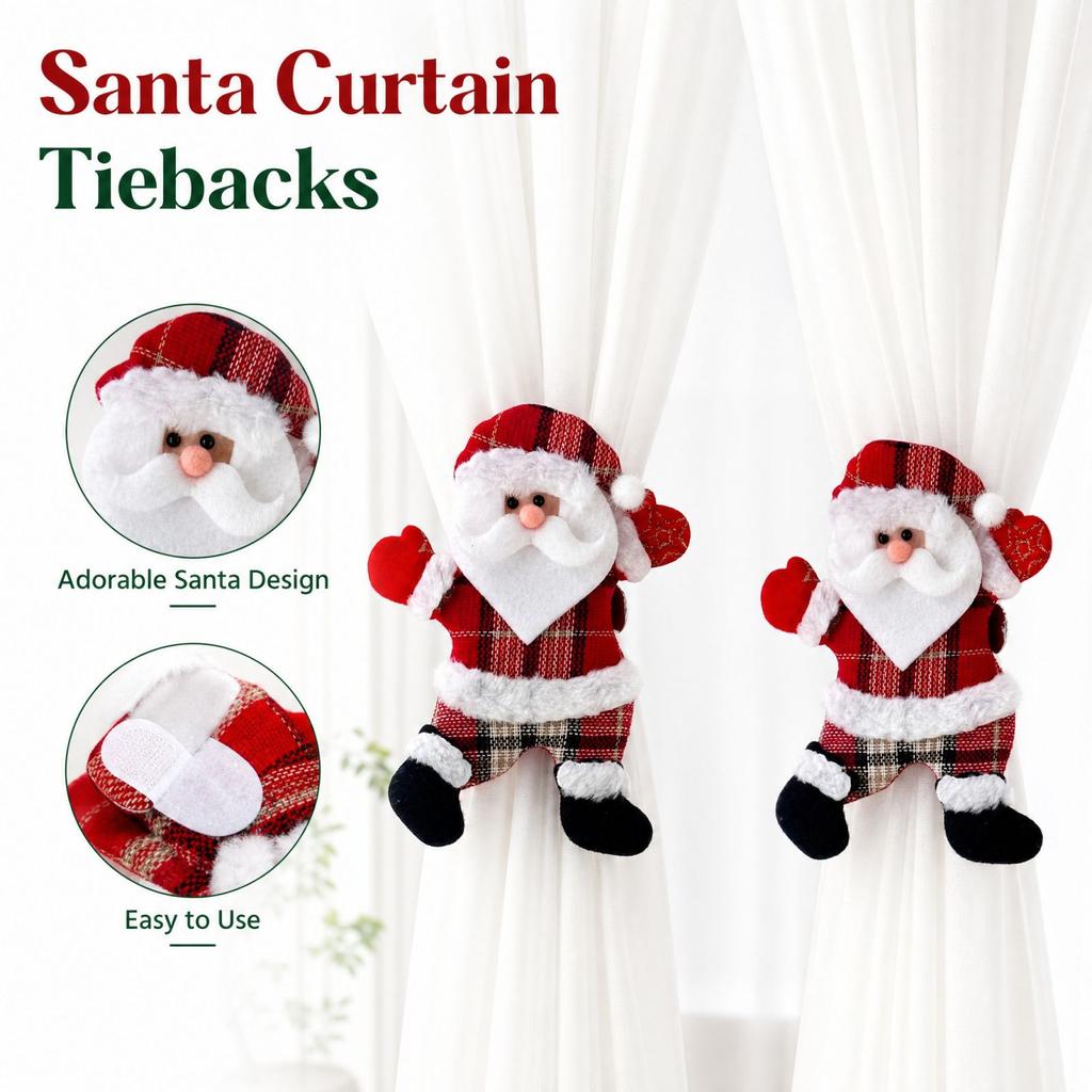 Christmas Curtain Tiebacks and Clips with Bear Snowman and Tree Designs for Holiday Window Decor
