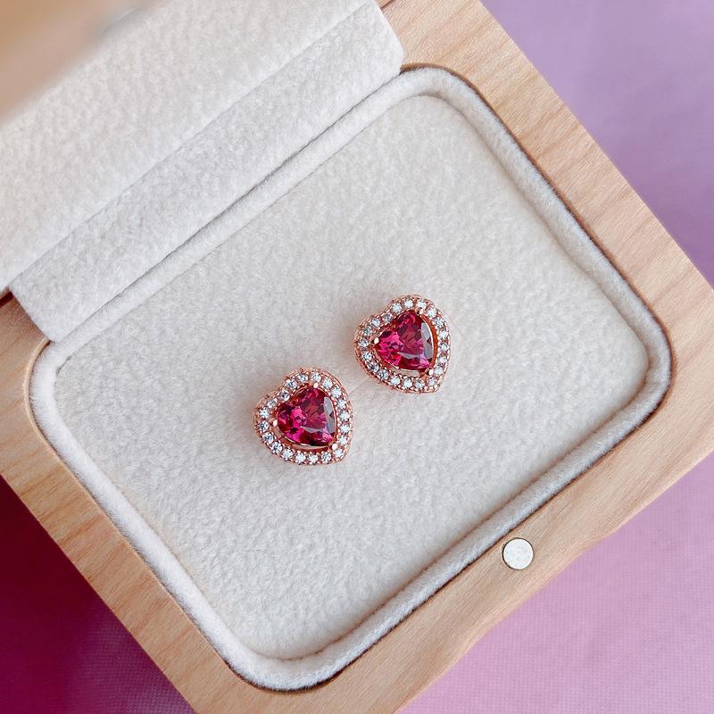 Sweet Peach Heart Gold-Plated S925 Sterling Silver Earrings: Classic Sparkling Studs for Women