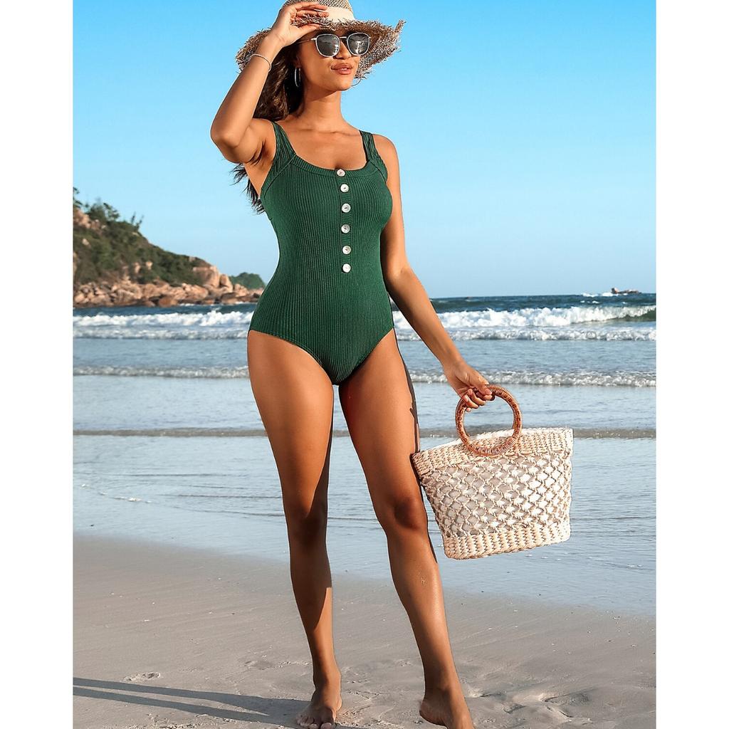 CHARMLEAKS Jednoczęściowy kostium kąpielowy dla kobiet, prążkowany, z wysokim stanem, usztywniany, z wycięciem na plecach, kwadratowym dekoltem i guzikami muszlowymi