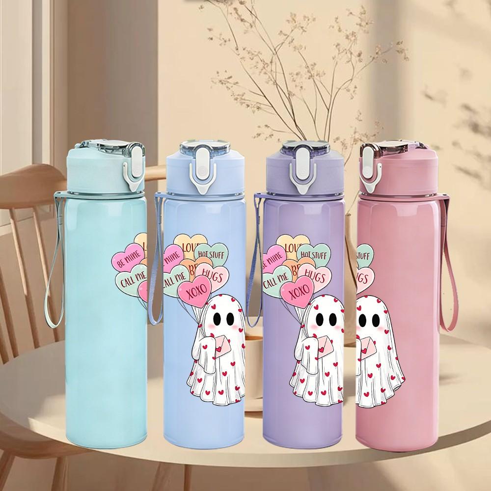 1PC Ghost Holding Flower Halloween Print 750ml Color Plastic Sports Water Bottle Leakproof Flip Straw Lid Suitable for Sports Office Home Use