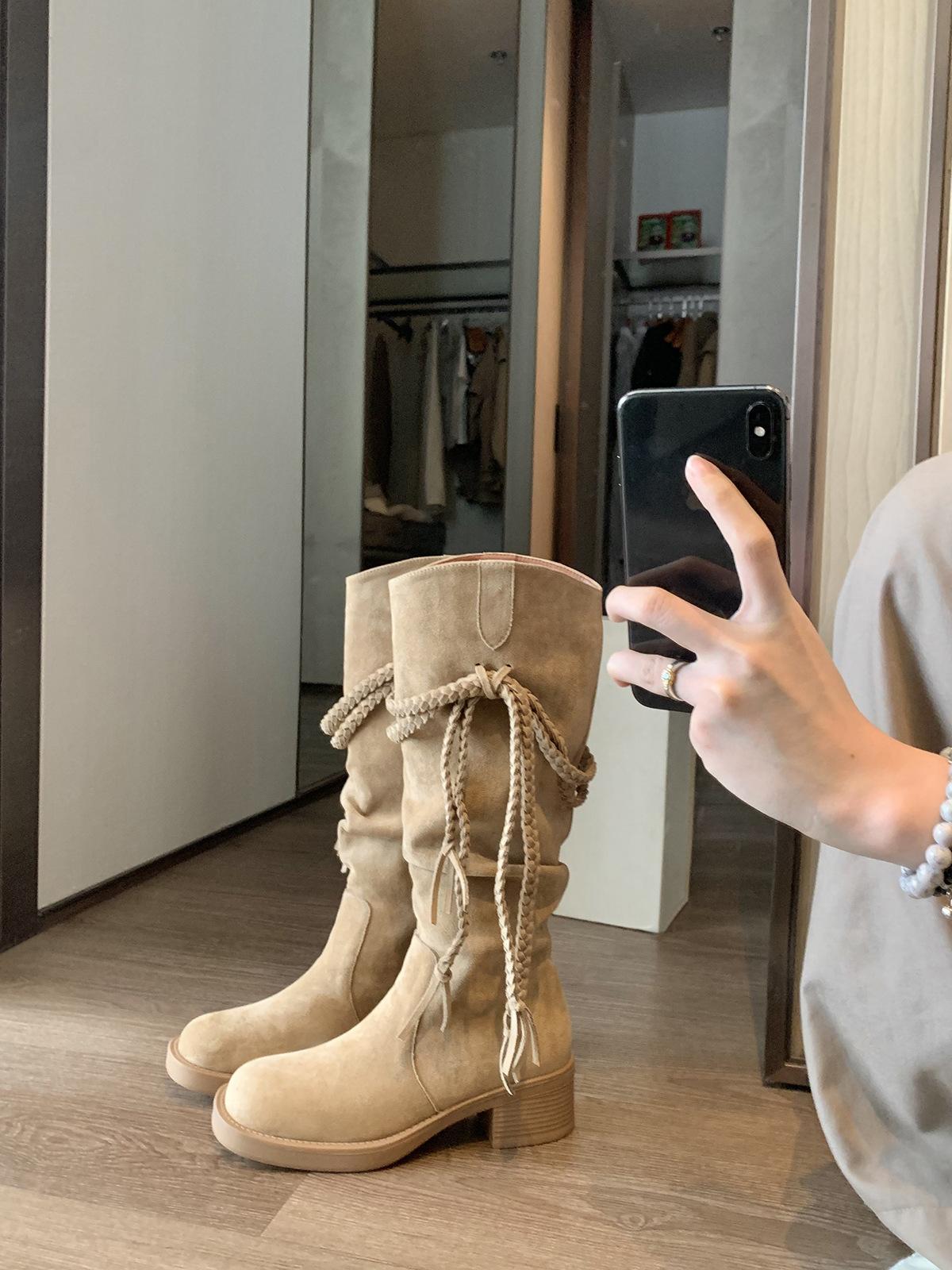 

Cowhide~ Grape Mom same height-increased 5.5cm long boots women s thick-soled thick-heeled wasteland wind-fringed stacked knight boots 40