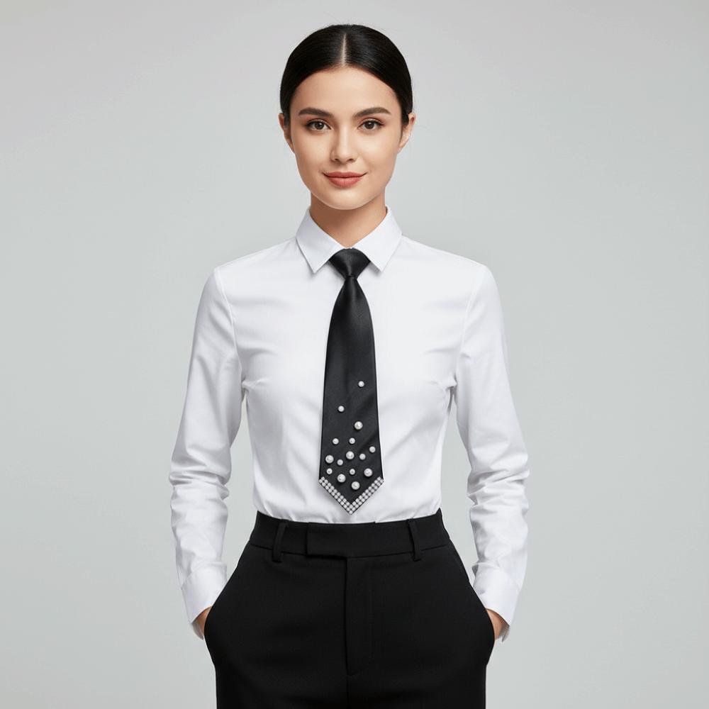 Rhinestone Pearls Tie Black Decoration Shirt Tie Temperament Hand-beaded Long Necktie  Students