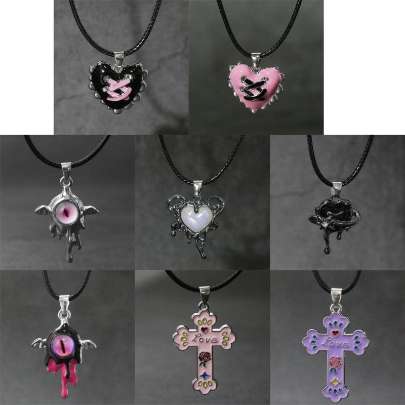 Gothic Liquid Heart Pendant Necklace Devil Eye Cross Choker Punk Devil Eye Clavicle Chain for Women Jewelry Accessories