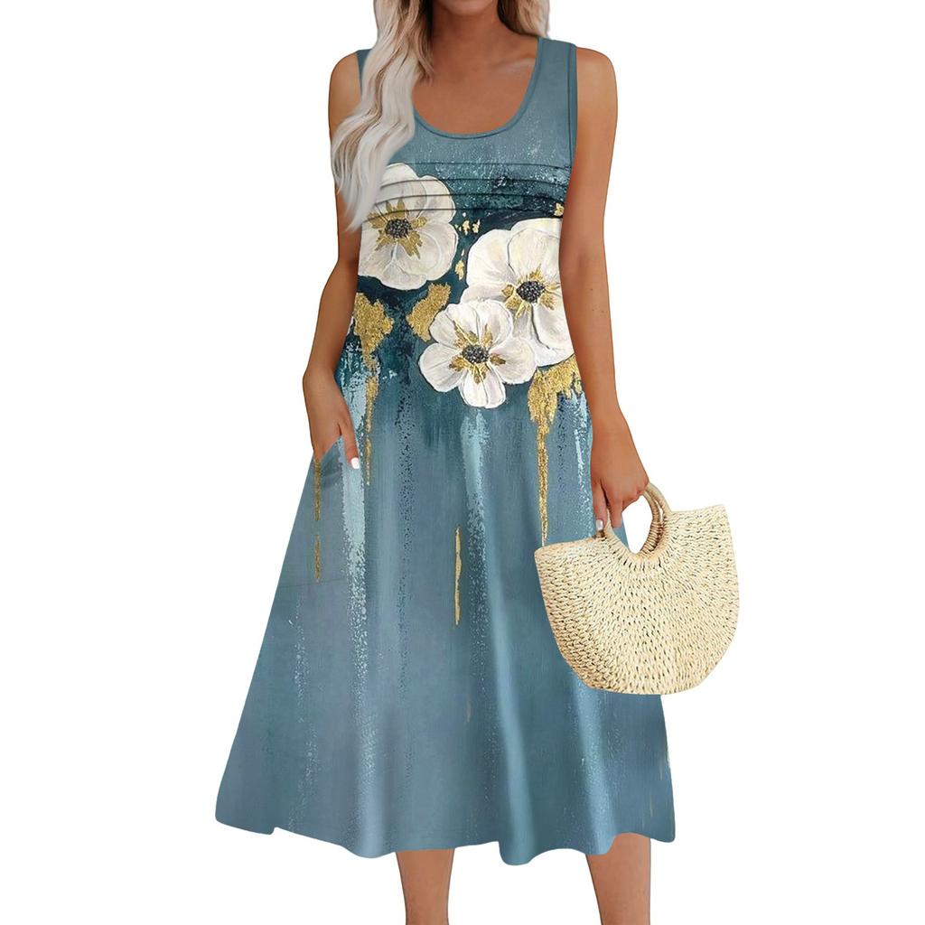 Women's Fashion Round Neck Sleeveless Pleated Beach Dress With Pockets Long Floral Dresses
