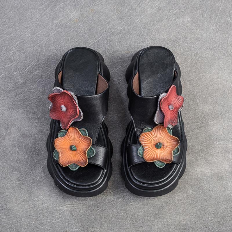 Zapatillas de cuero genuino a la moda con suela gruesa y punta abierta para exteriores, zapatos de plataforma para mujer