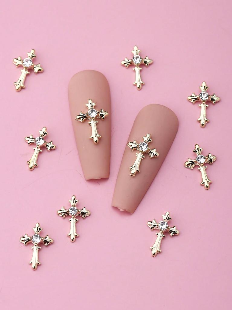 10pcs Cross Nail Charms 3D Alloy Rhinestones for Nail Art, Unscented DIY Nail Decorations, Sparkling Religious Nail Gems for Manicure Accessories