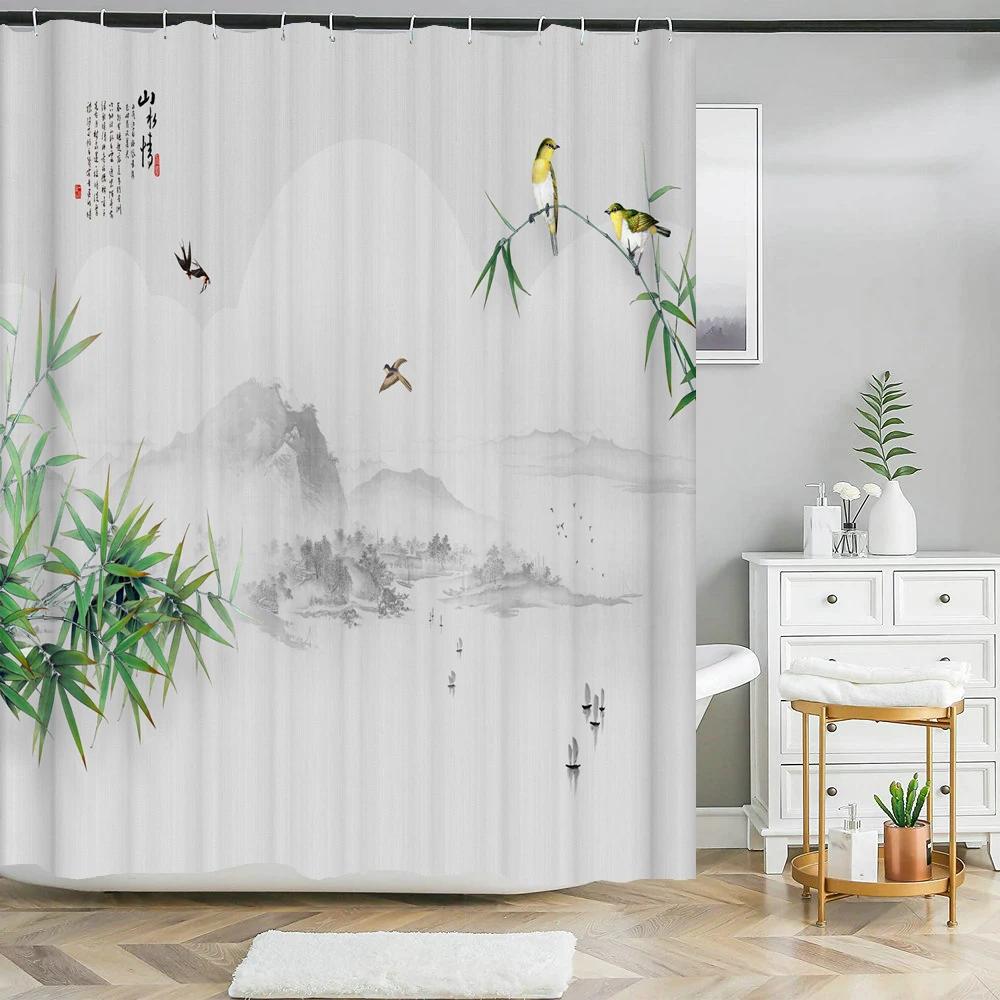 3d Printing Chinese Flower Bird Ink Landscape Shower Curtain Bathroom Waterproof Bath Curtain With Hooks Washable Cloth Decor