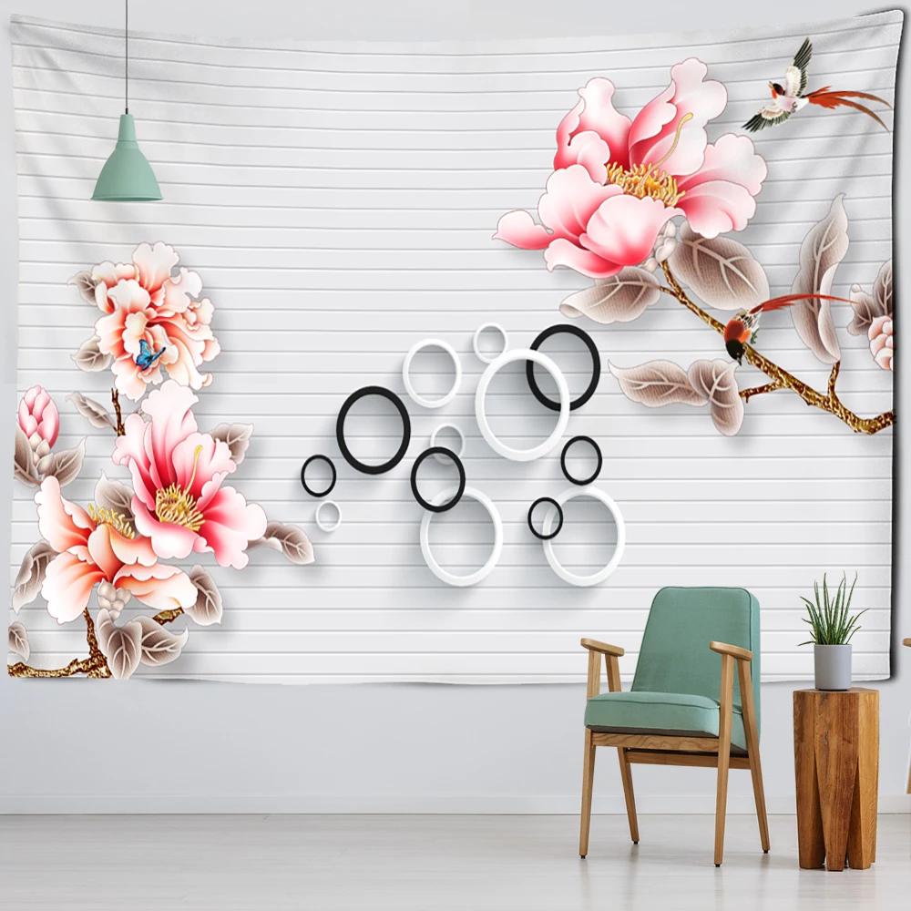 Artistic Conception Flower And Bird Painting Mural Tapestry Bohemian Psychedelic Wall Hanging Bedroom Living Room Home Decor