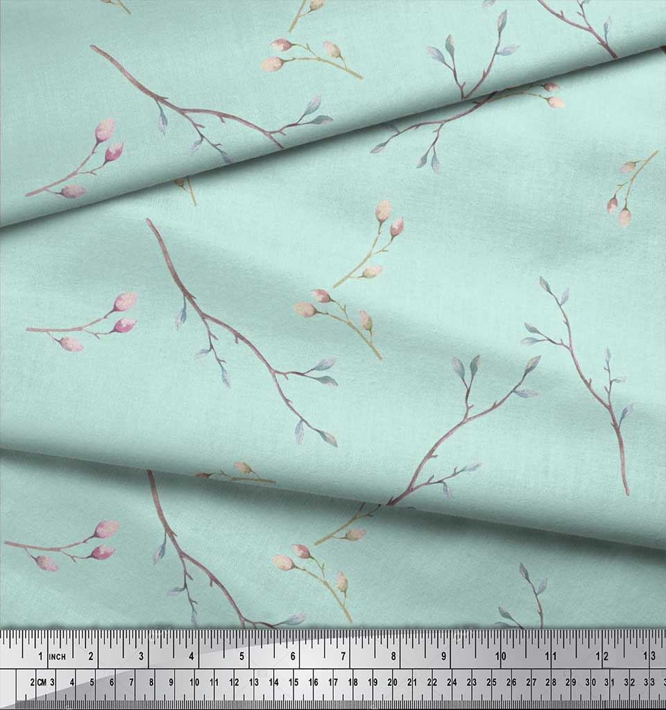Soimoi Japan Crepe Satin Fabric Leaves & Buds Flower Print Fabric by the metre 42 Inch