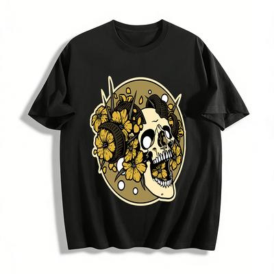 Horned Skull Yellow Flower Print Edgy Trendy Loose Casual Top Pure Cotton T-shirt