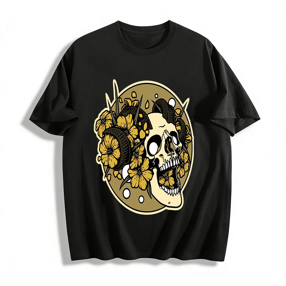 Horned Skull Yellow Flower Print Edgy Trendy Loose Casual Top Pure cotton T-shirt XXS