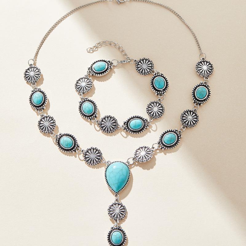 Boho Imitation Turquoise Long Pendant Necklaces Chest Chain Bracelet Set For Women Punk Cuban Link Clavicle Chain Body Jewelry