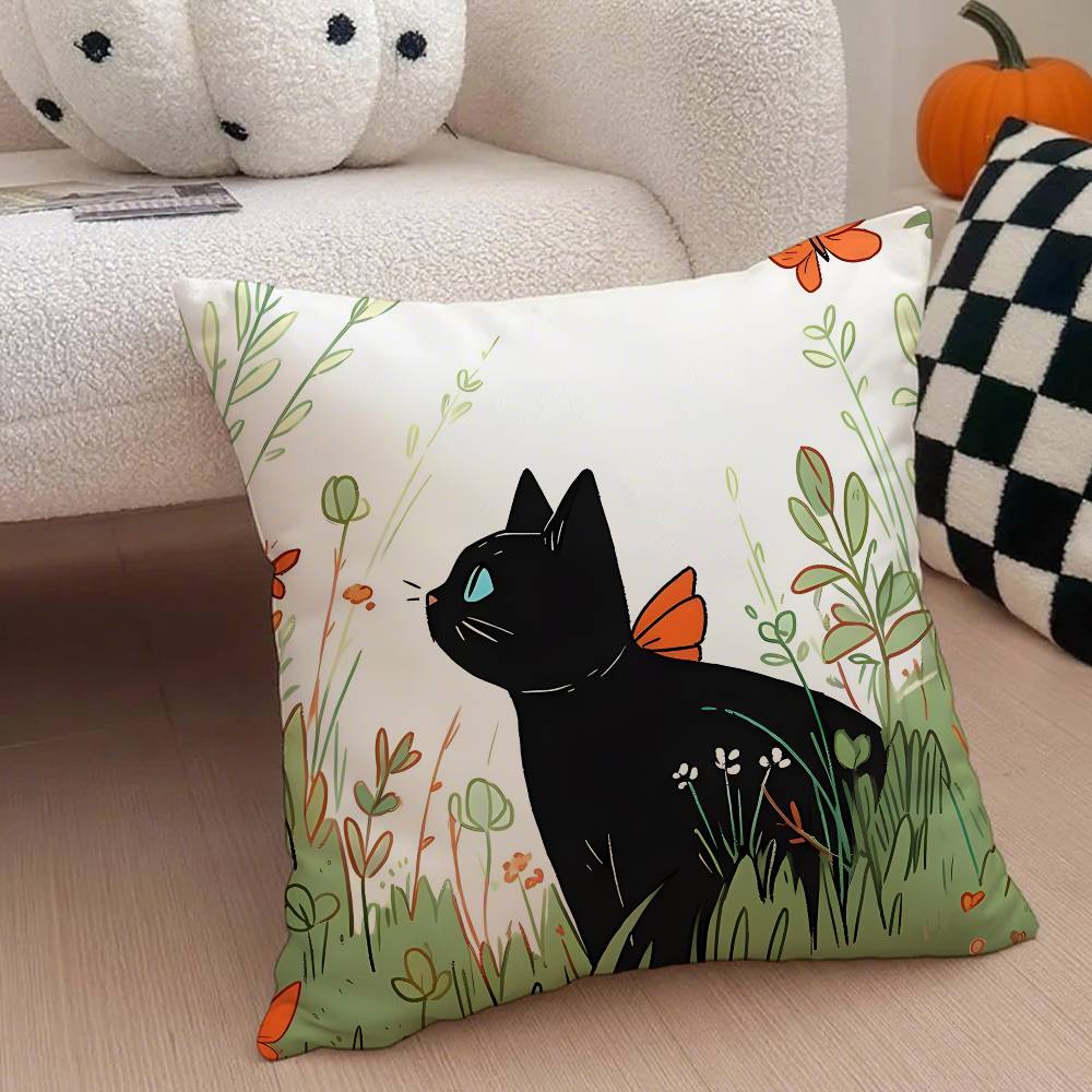 Cute Cartoon Little Black Cat Pillow Case Anti-dustmite Pillowcase Invisible Zipper Silky Short Plush Sofa Cushion Cover