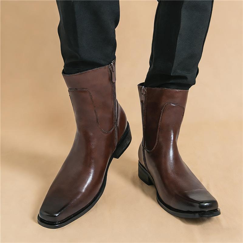Luxury Fashion Designer New Men's Pointed Black Brown Patent Leather Casual Ankle Boot Male Winter High Tops Hoes Zapatos Hombre