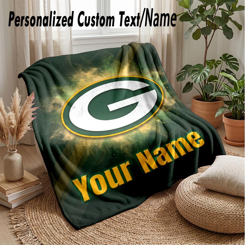 Green Bay Packers Custom Flannel Throw Blanket Print Your Name Text Soft Warm Blanket Holiday Present