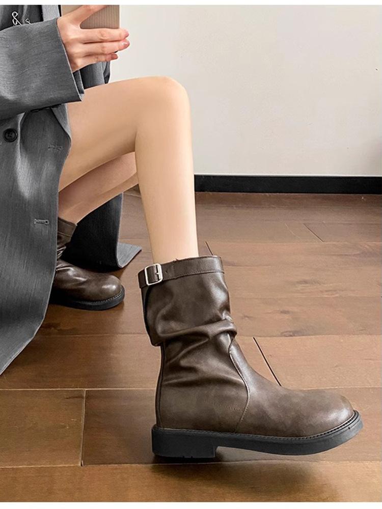 Brown Thick Heel Retro Pleated Pile Boots British Style Short Boots Women's 2025 Spring and Autumn New Round Head Boots Medium Boots