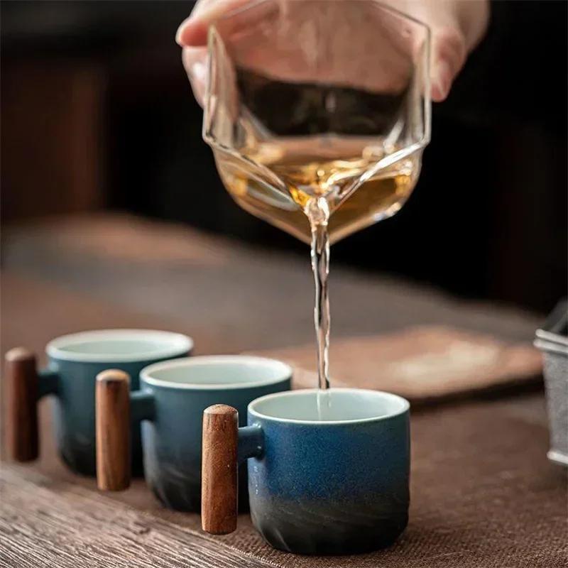 80ml Retro andmade Mâner de lemn Ceașcă de cafea Filtru ceramic Cană de ceai Culoare solidă Glazură în gradient Ceașcă de cafea Ceașcuță Pentru birou acasă