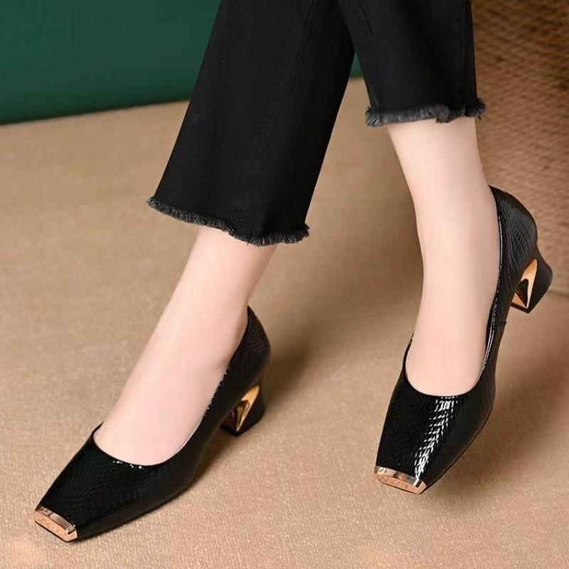 Metal Head Anti-kick Shallow Mouth Single Shoes Autumn French Soft Leather Pattern Thick Heel Soft Sole Small Leather Shoes