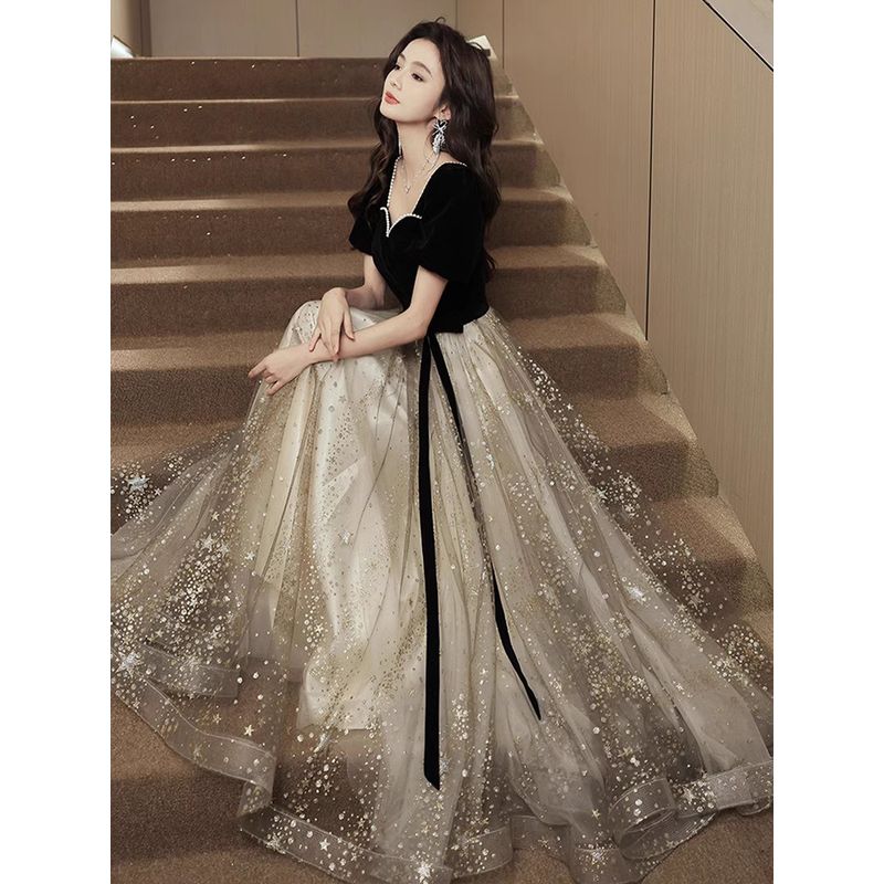 

Plus Size High-End Evening Dress Plus Size Ladies Women s Elegant Fancy Light Luxury Elegant Host Shiny Black Dress Long Black S size Bust size 80 waist 63