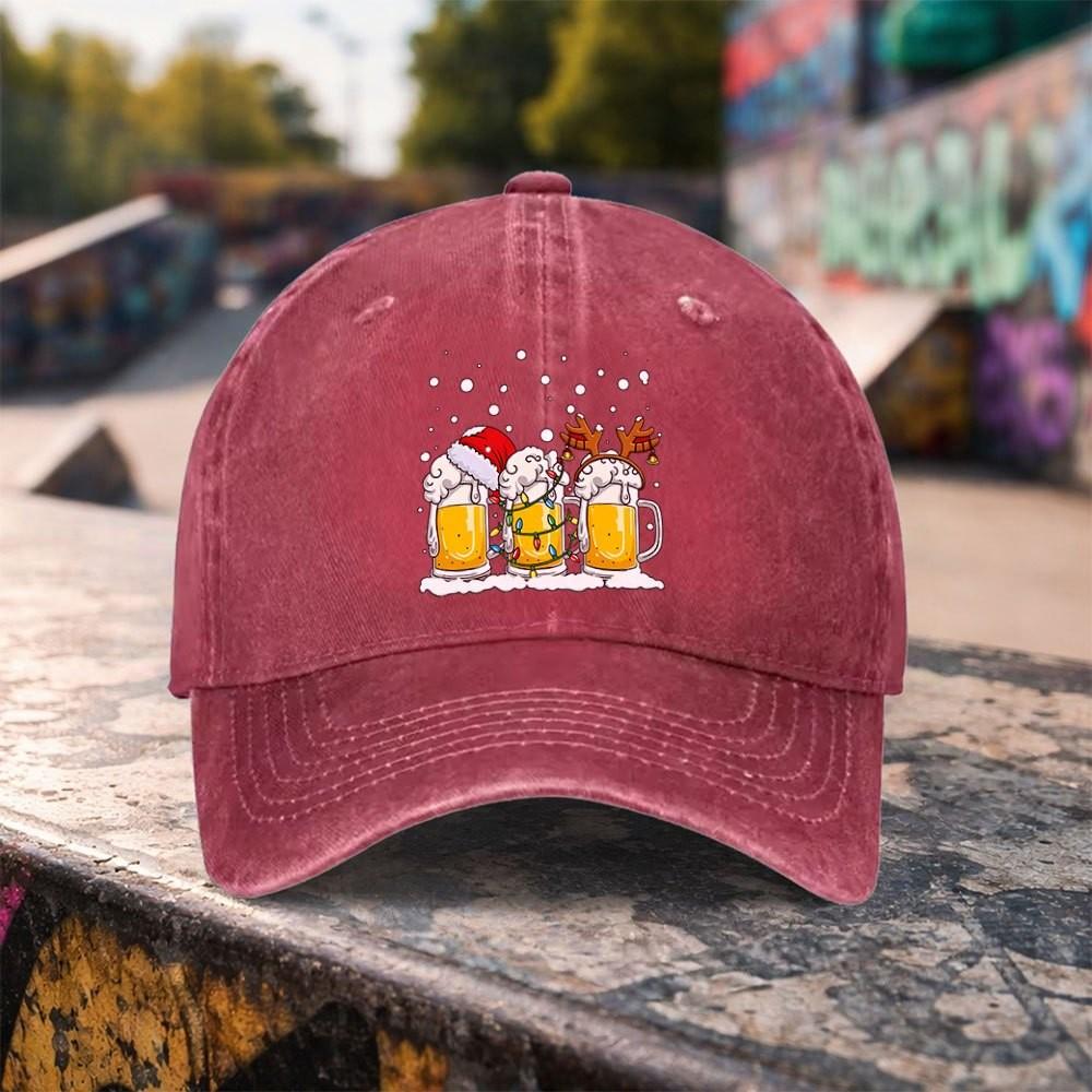 Christmas Beer Mug Print Washed Baseball Cap Unisex Adjustable Cotton Outdoor Casual Snapback Hat