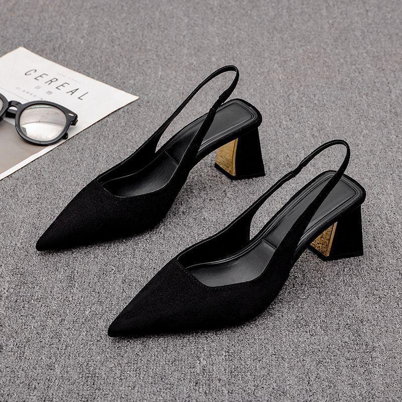 2025 summer fashion sandals new black bag head sandals women's pointed thick heel high heels women's fashion versatile temperament