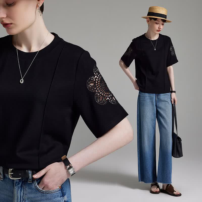 Women s Hollow-out Design Short Sleeve T-Shirt M чёрный