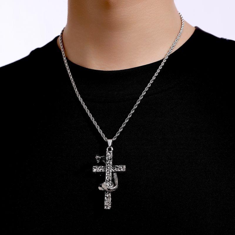 Vintage Ancient Snake Wrapped Cross Ins Retro Europe and America Rap Hip Hop Men and Women Clavicle Chain Stylish Titanium Steel Necklace