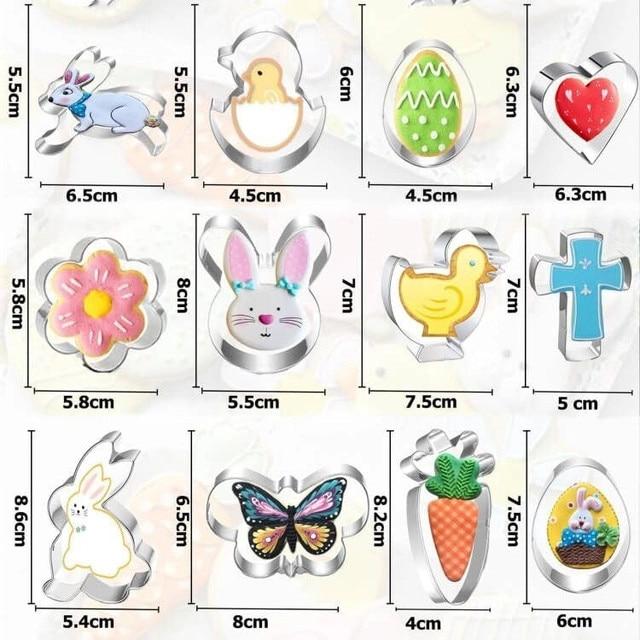 Stainless Steel Easter Bunny Cookie Cutters Set of 12 - Rabbit, Egg, Chick, Carrot Shapes for Baking, Pastry Molds