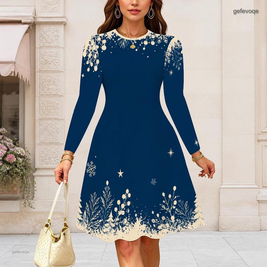 Women Plus Size Round Neck Long Sleeve Dark Blue Snowflake Printed A Line Dress