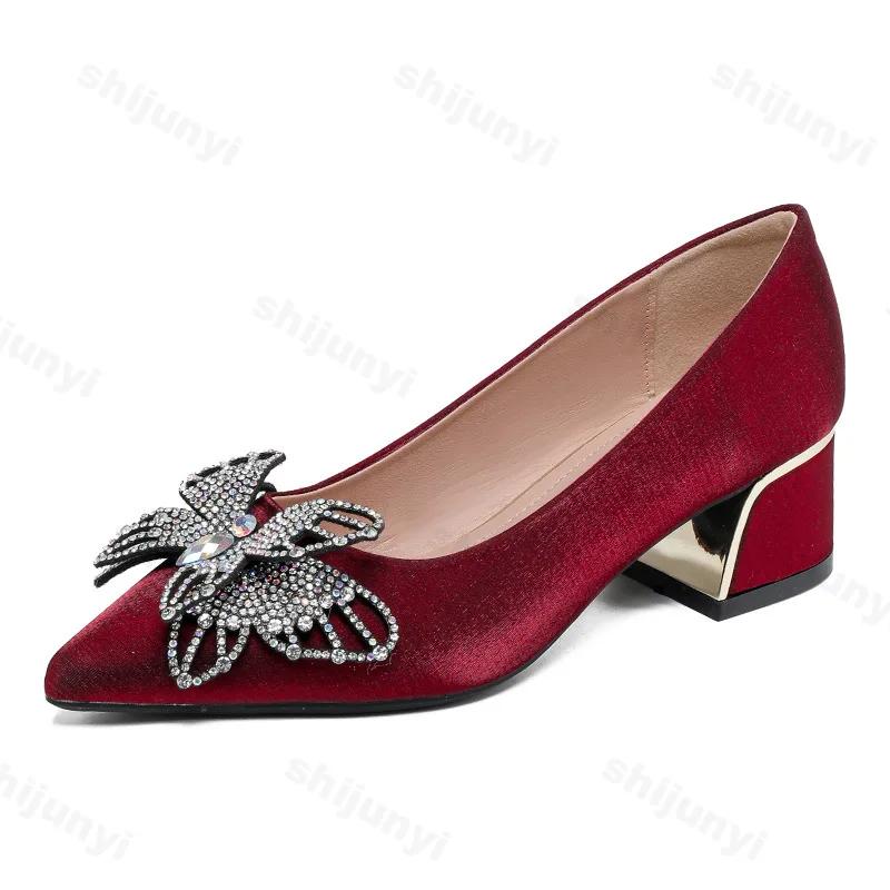 Fashion Women's High Heels Pointed Toe Sandals Sexy Burgundy Rheinstone Wedding Luxury Single Shoes for Banquets Shoes Butterfly 35-43