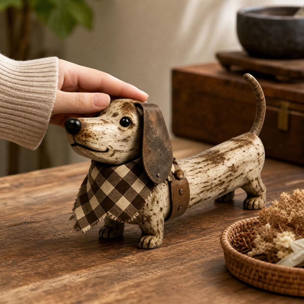 Figurine - Vintage Decor, Distressed Sausage Dog Statue for Desk Tabletop Shelf Entryway