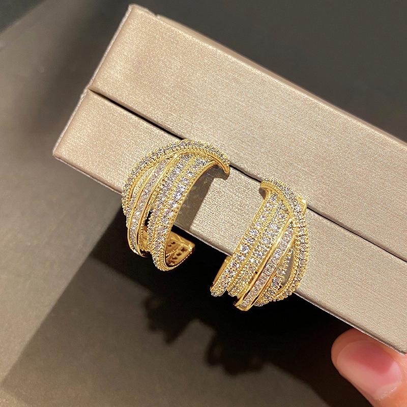 Huitan Gorgeous Hoop Earrings with Bright Zirconia Female Daily Party Fashion Cross Line Design Ear Accessories for Wome